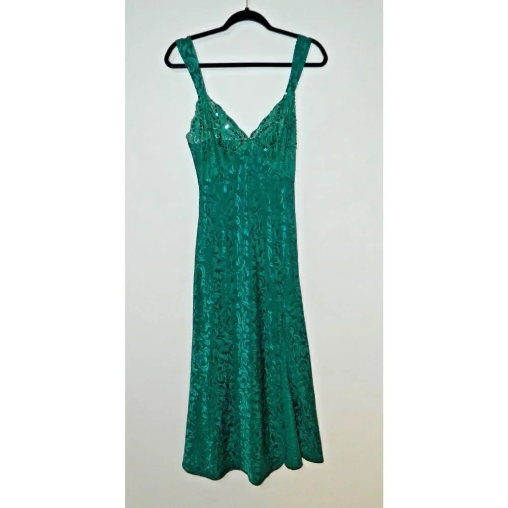 Victoria's‎ Secret Nightgown Slip Dress Medium Vintage Gold  Green Satin Beaded